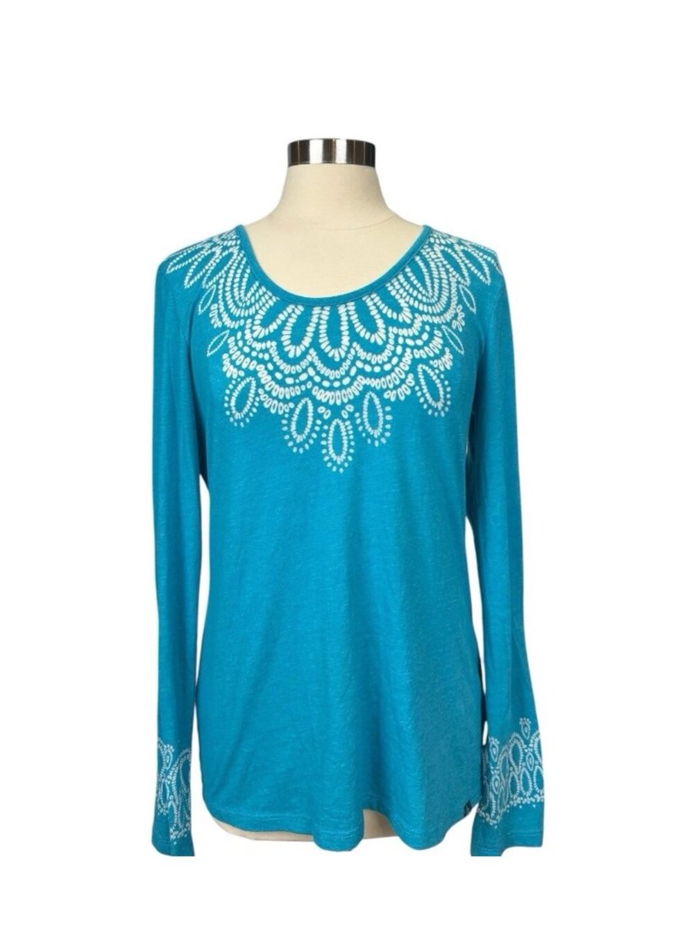 prAna Boho Mandala Print Long Sleeve Top Women Large Turquoise Yoga Outdoor Yoga
